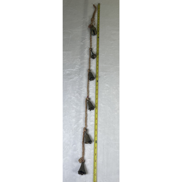 Vintage Rustic Handmade 6 Brass Wind Bells Charms On Rope Great Sound, India - Picture 10 of 11